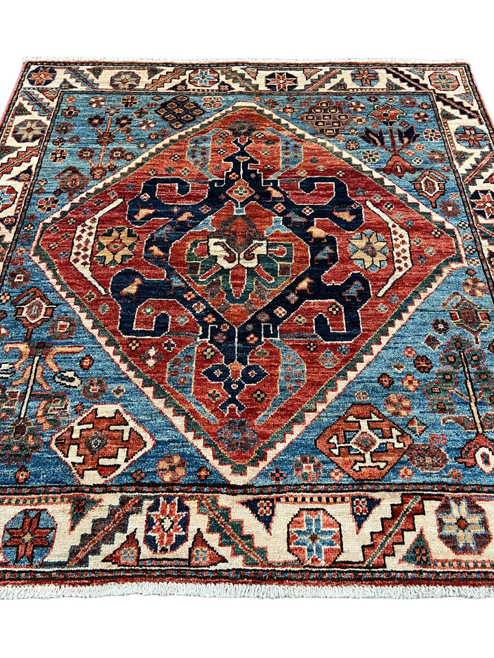 Samarkand – Sky Blue &amp; Terracotta Square Geometric Medallion Rug – 4’1” x 4’2”