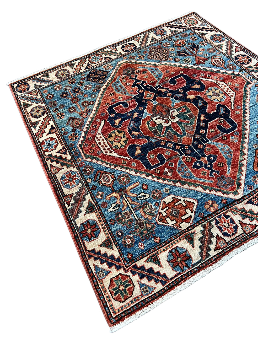 Samarkand – Sky Blue &amp; Terracotta Square Geometric Medallion Rug – 4’1” x 4’2”