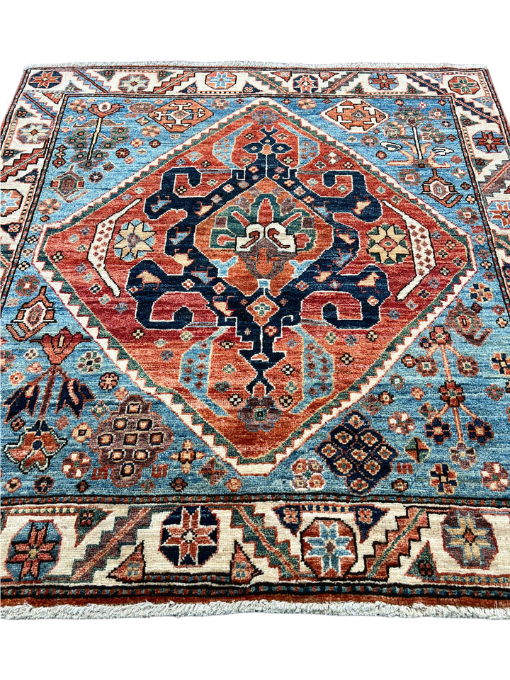 Samarkand – Sky Blue &amp; Terracotta Square Geometric Medallion Rug – 4’1” x 4’2”