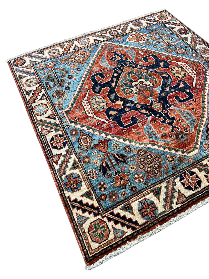Samarkand – Sky Blue &amp; Terracotta Square Geometric Medallion Rug – 4’1” x 4’2”