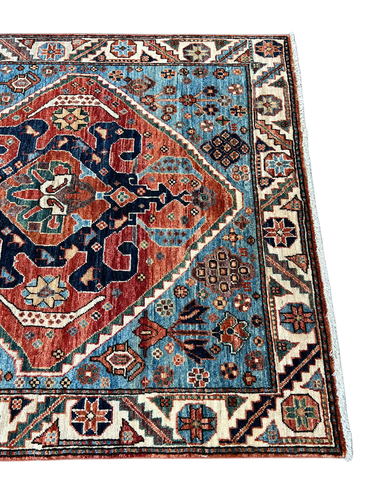 Samarkand – Sky Blue &amp; Terracotta Square Geometric Medallion Rug – 4’1” x 4’2”