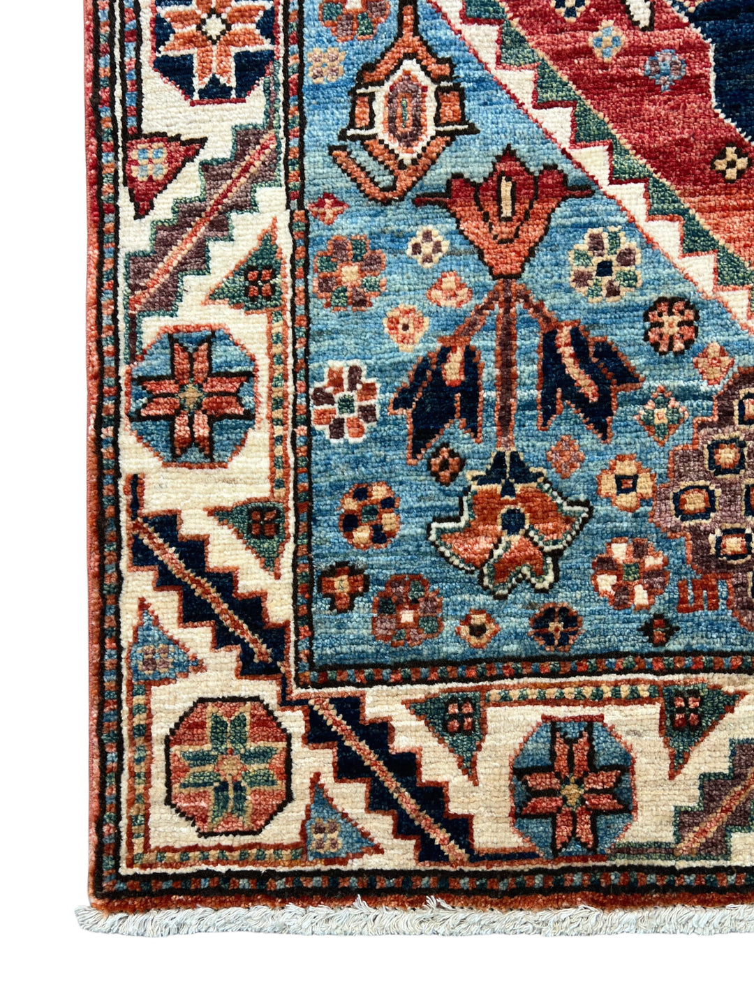 Samarkand – Sky Blue &amp; Terracotta Square Geometric Medallion Rug – 4’1” x 4’2”