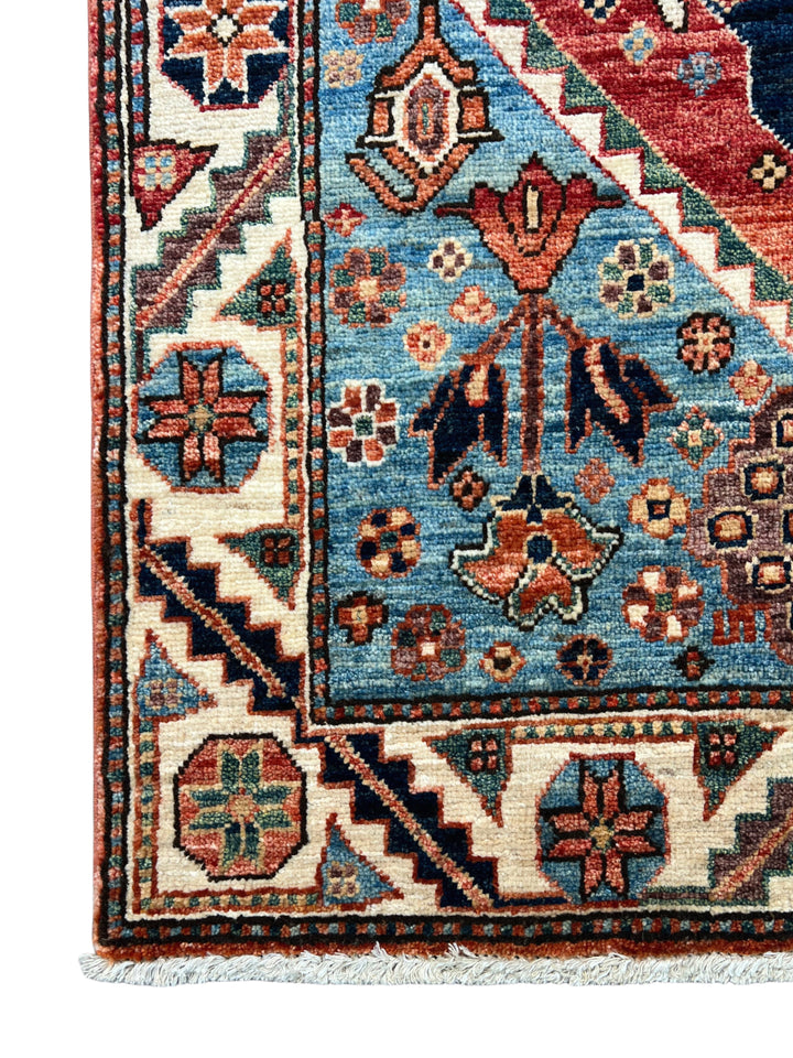 Samarkand – Sky Blue &amp; Terracotta Square Geometric Medallion Rug – 4’1” x 4’2”