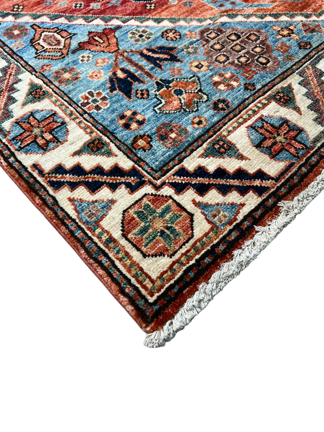 Samarkand – Sky Blue &amp; Terracotta Square Geometric Medallion Rug – 4’1” x 4’2”