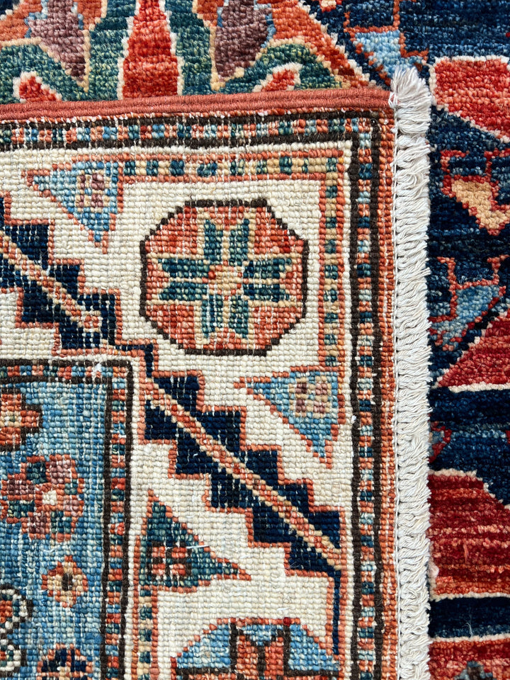 Samarkand – Sky Blue &amp; Terracotta Square Geometric Medallion Rug – 4’1” x 4’2”