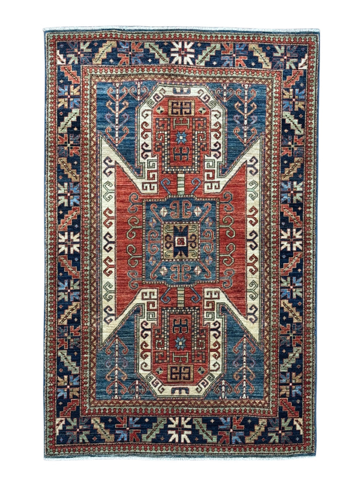 Ararat – Brick Red &amp; Navy Geometric Medallion Rug – 4’1” x 6’3”