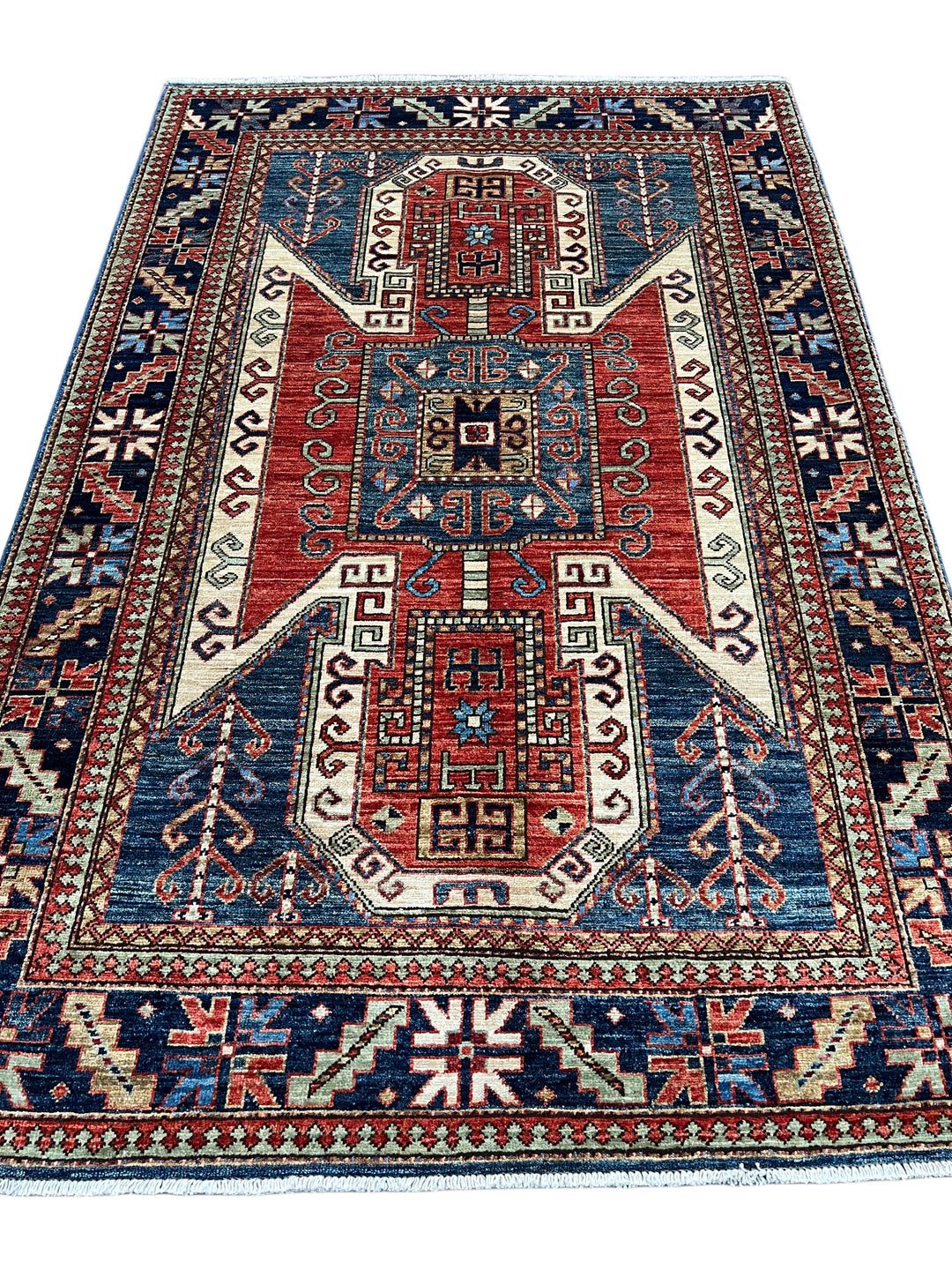 Ararat – Brick Red &amp; Navy Geometric Medallion Rug – 4’1” x 6’3”