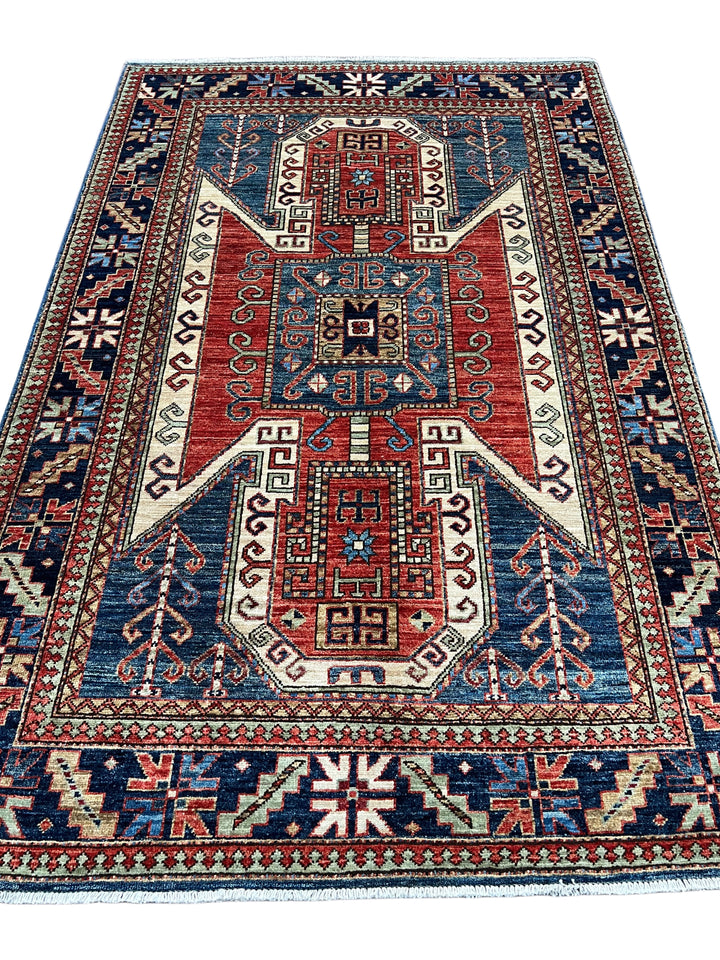 Ararat – Brick Red &amp; Navy Geometric Medallion Rug – 4’1” x 6’3”