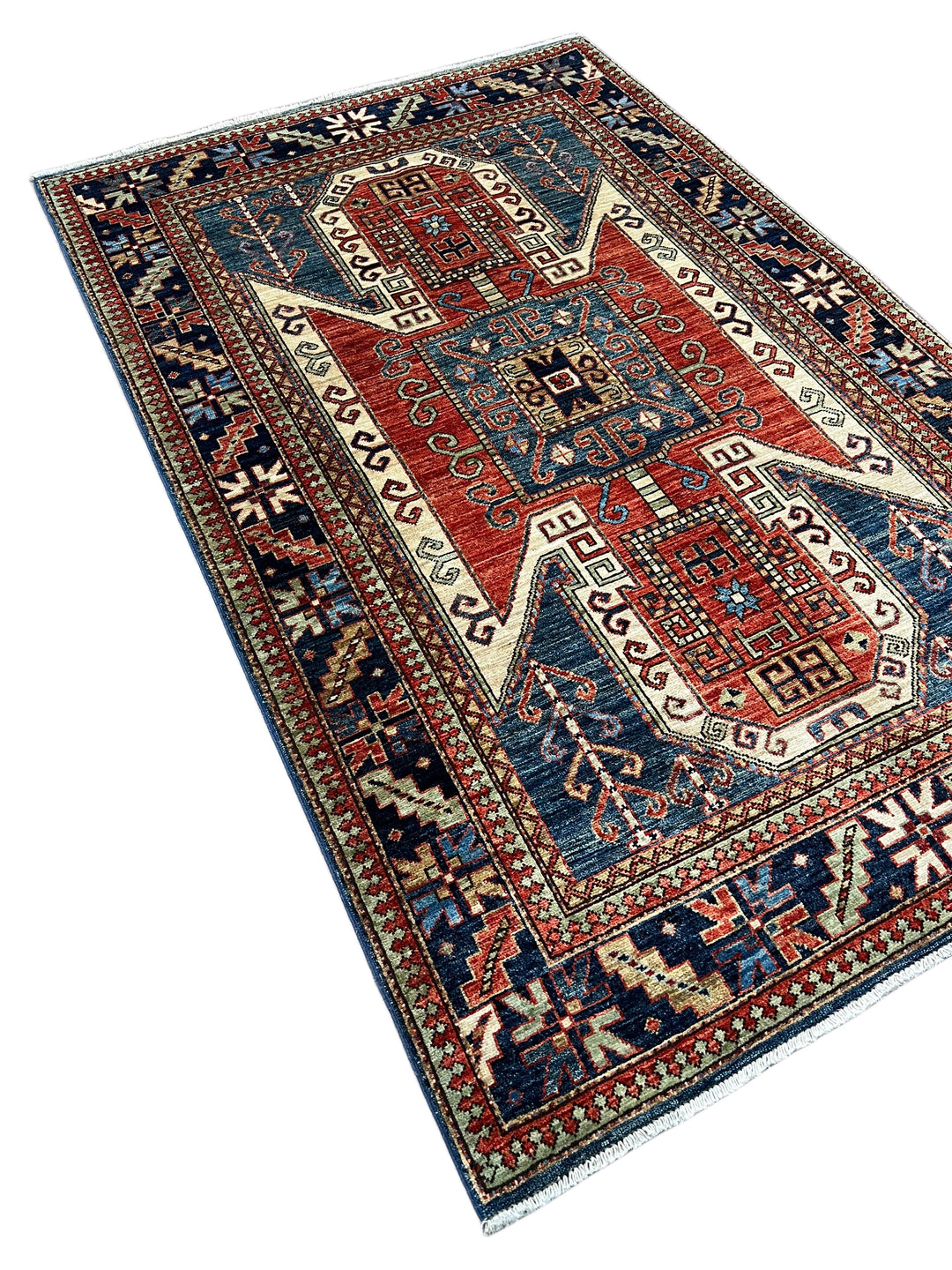 Ararat – Brick Red &amp; Navy Geometric Medallion Rug – 4’1” x 6’3”