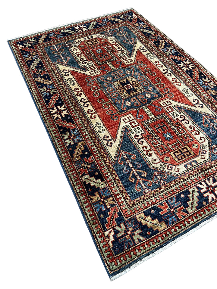 Ararat – Brick Red &amp; Navy Geometric Medallion Rug – 4’1” x 6’3”