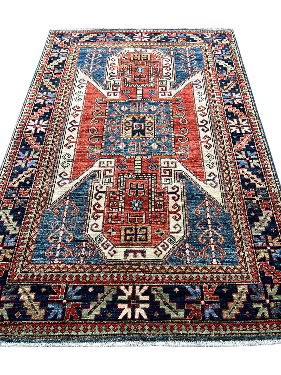 Ararat – Brick Red &amp; Navy Geometric Medallion Rug – 4’1” x 6’3”