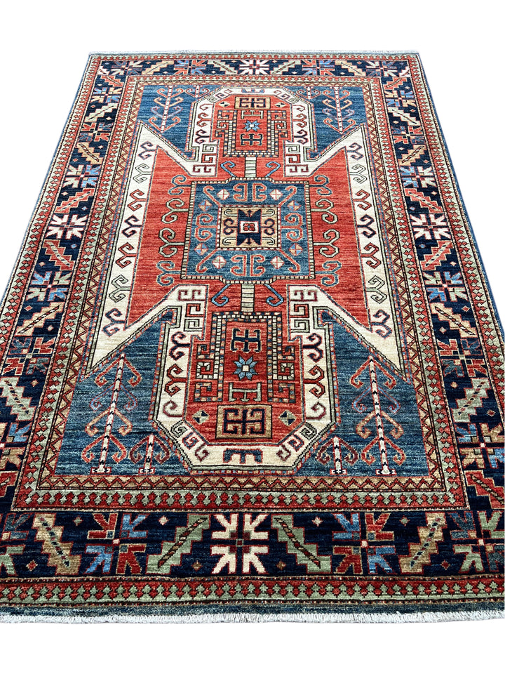 Ararat – Brick Red &amp; Navy Geometric Medallion Rug – 4’1” x 6’3”