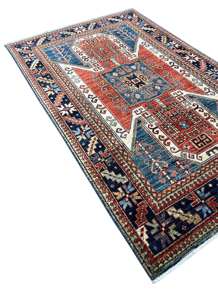 Ararat – Brick Red &amp; Navy Geometric Medallion Rug – 4’1” x 6’3”