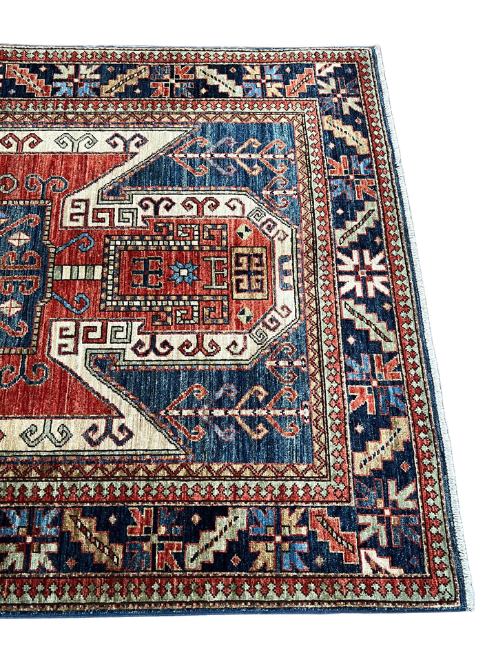 Ararat – Brick Red &amp; Navy Geometric Medallion Rug – 4’1” x 6’3”