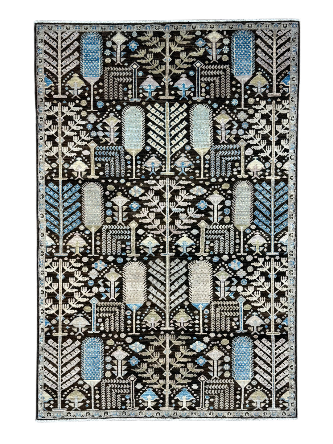 Midnight Orchard - Dark Chocolate Brown, Ivory &amp; Sky Blue Botanical Design Rug  – 6’0” x 9’0”