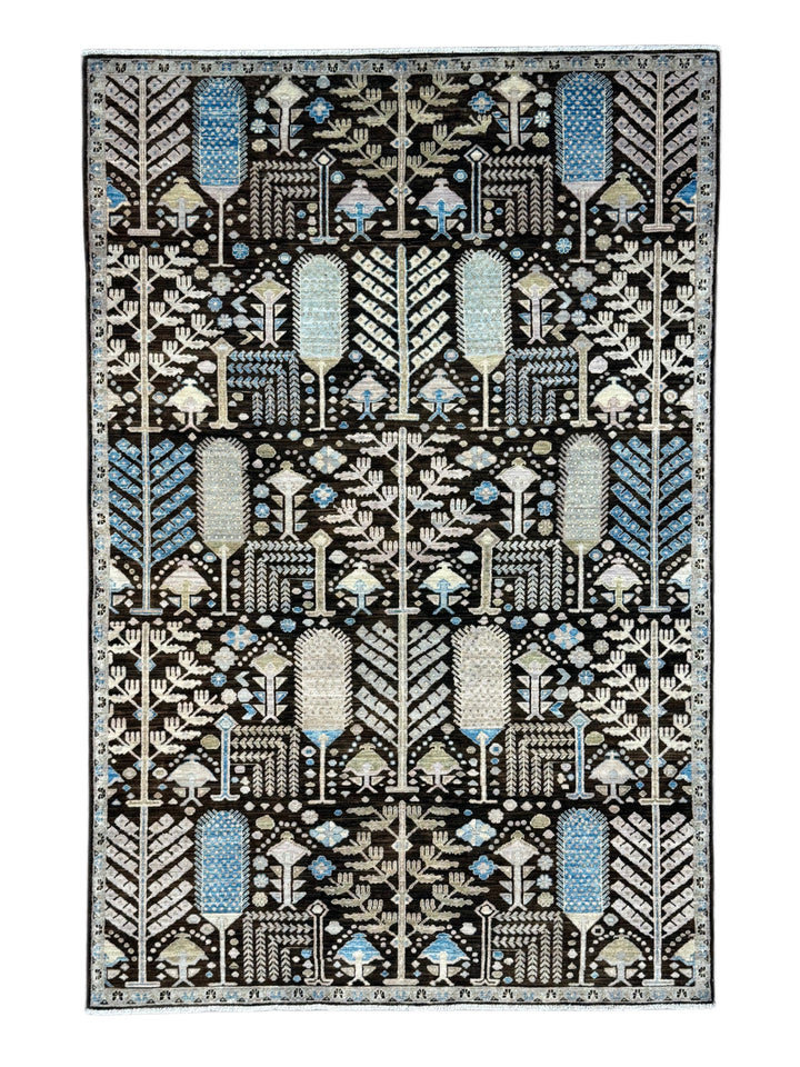 Midnight Orchard - Dark Chocolate Brown, Ivory &amp; Sky Blue Botanical Design Rug  – 6’0” x 9’0”