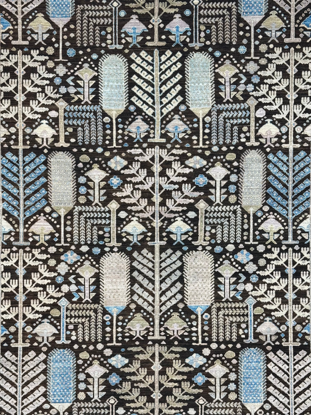 Midnight Orchard - Dark Chocolate Brown, Ivory &amp; Sky Blue Botanical Design Rug  – 6’0” x 9’0”