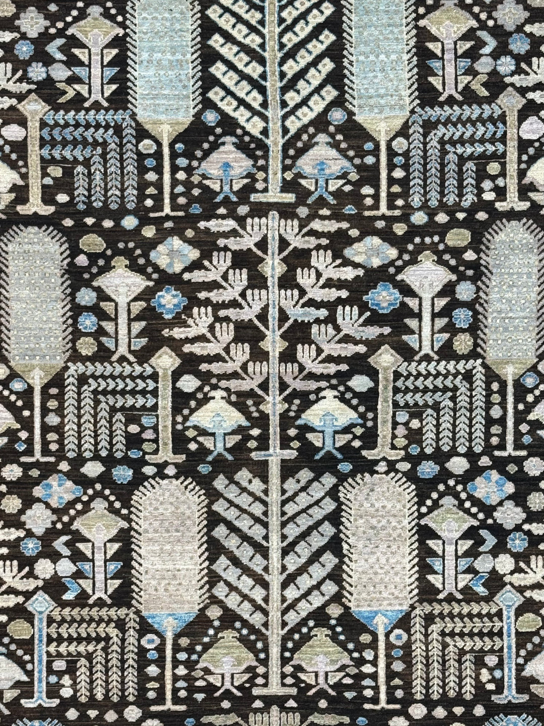 Midnight Orchard - Dark Chocolate Brown, Ivory &amp; Sky Blue Botanical Design Rug  – 6’0” x 9’0”