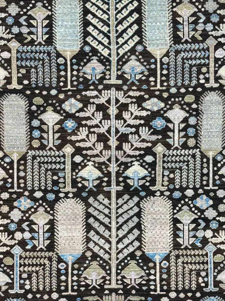 Midnight Orchard - Dark Chocolate Brown, Ivory &amp; Sky Blue Botanical Design Rug  – 6’0” x 9’0”