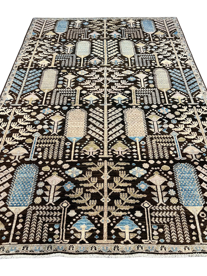 Midnight Orchard - Dark Chocolate Brown, Ivory &amp; Sky Blue Botanical Design Rug  – 6’0” x 9’0”