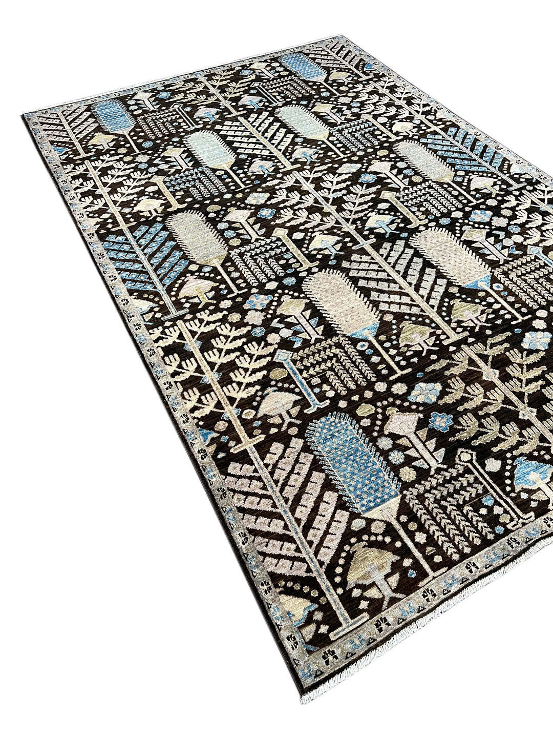 Midnight Orchard - Dark Chocolate Brown, Ivory &amp; Sky Blue Botanical Design Rug  – 6’0” x 9’0”
