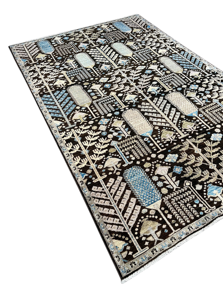 Midnight Orchard - Dark Chocolate Brown, Ivory &amp; Sky Blue Botanical Design Rug  – 6’0” x 9’0”