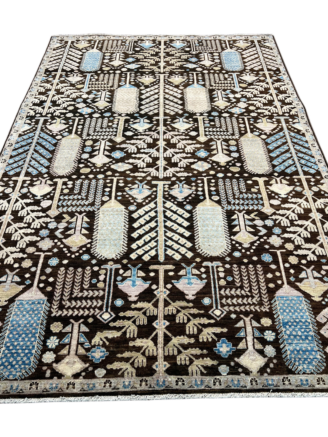Midnight Orchard - Dark Chocolate Brown, Ivory &amp; Sky Blue Botanical Design Rug  – 6’0” x 9’0”