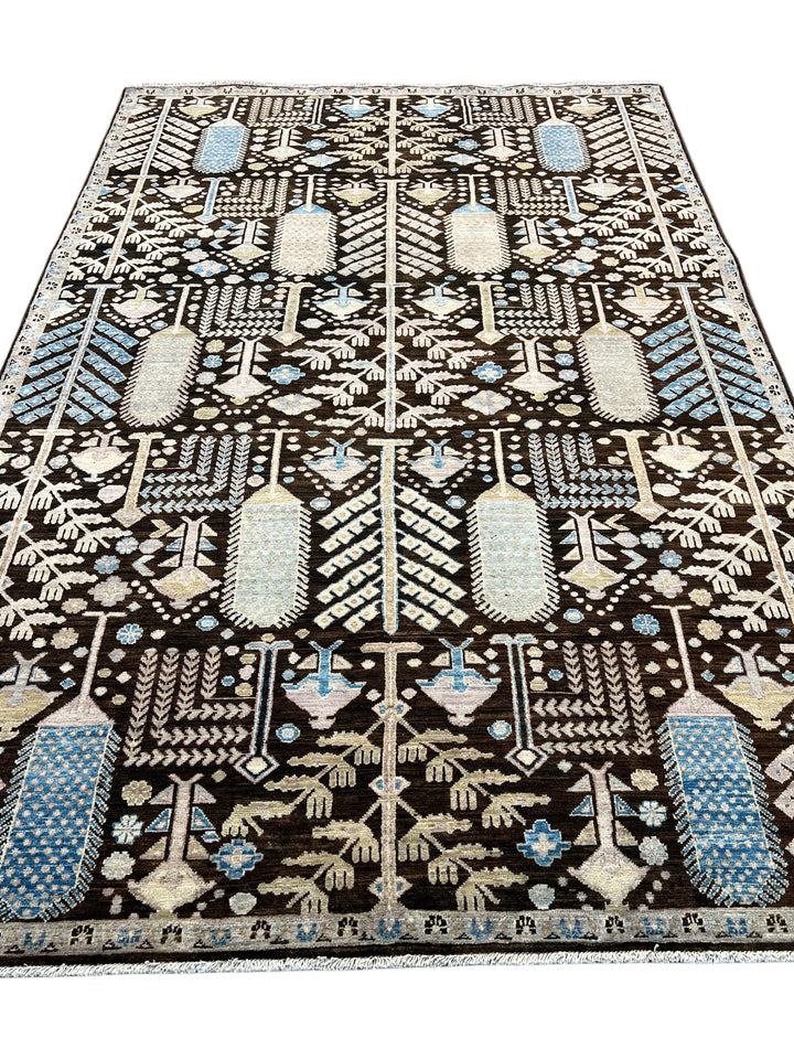 Midnight Orchard - Dark Chocolate Brown, Ivory &amp; Sky Blue Botanical Design Rug  – 6’0” x 9’0”