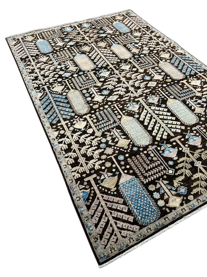 Midnight Orchard - Dark Chocolate Brown, Ivory &amp; Sky Blue Botanical Design Rug  – 6’0” x 9’0”