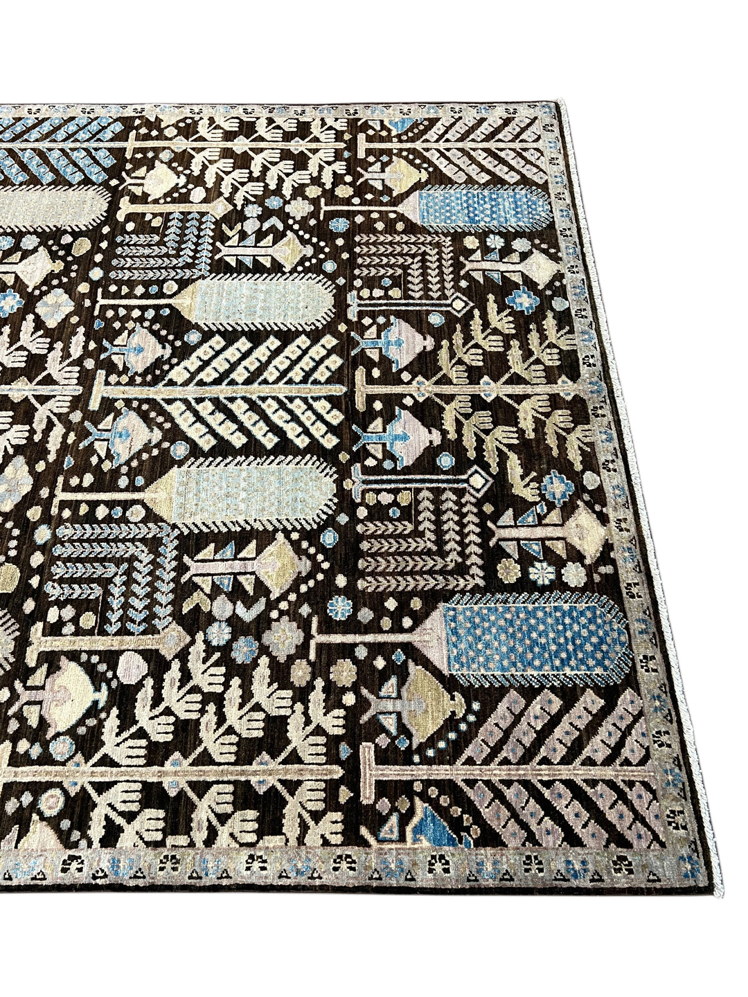 Midnight Orchard - Dark Chocolate Brown, Ivory &amp; Sky Blue Botanical Design Rug  – 6’0” x 9’0”