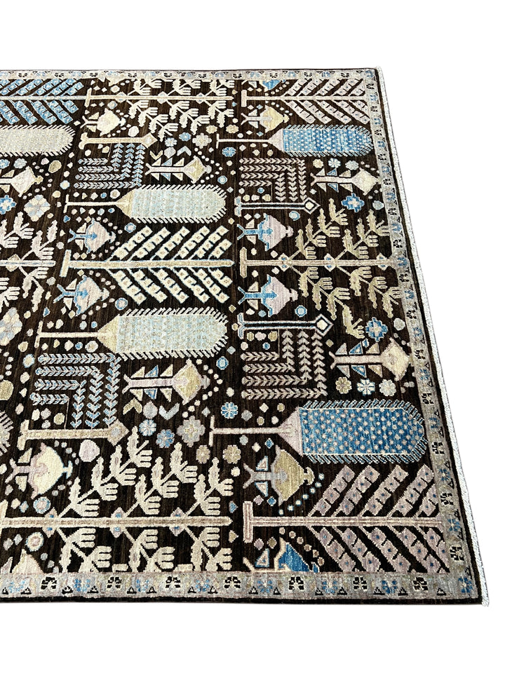 Midnight Orchard - Dark Chocolate Brown, Ivory &amp; Sky Blue Botanical Design Rug  – 6’0” x 9’0”