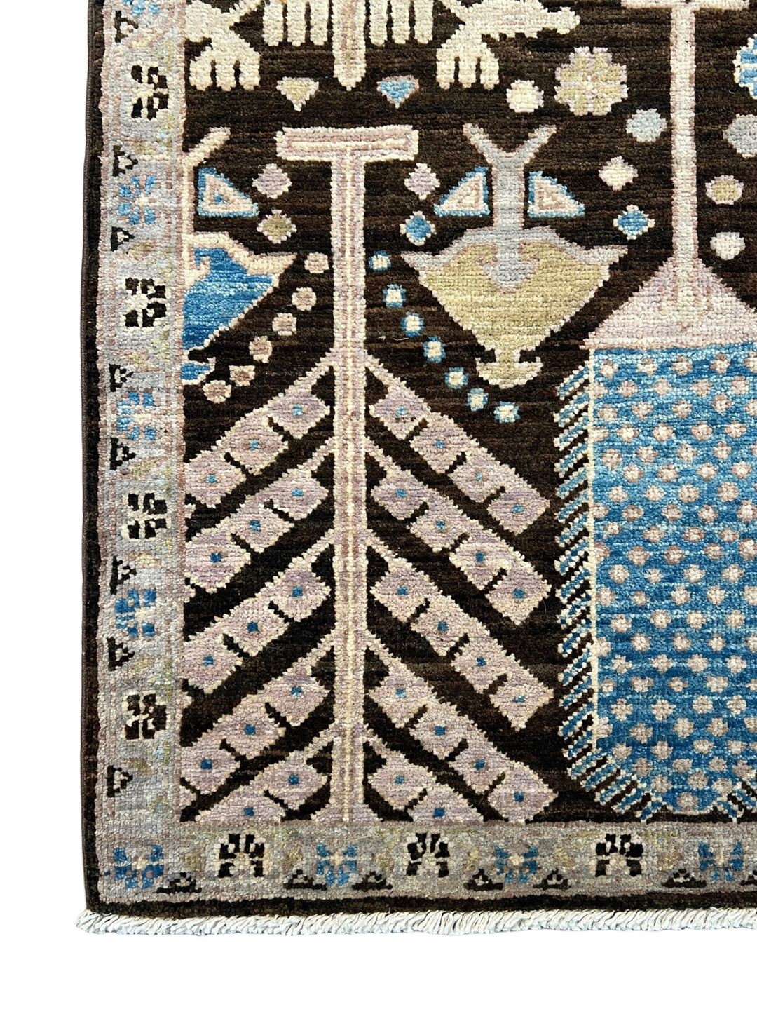 Midnight Orchard - Dark Chocolate Brown, Ivory &amp; Sky Blue Botanical Design Rug  – 6’0” x 9’0”