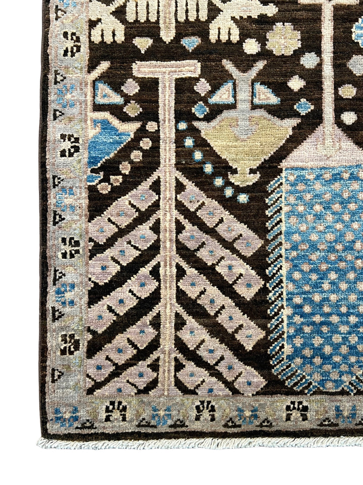 Midnight Orchard - Dark Chocolate Brown, Ivory &amp; Sky Blue Botanical Design Rug  – 6’0” x 9’0”