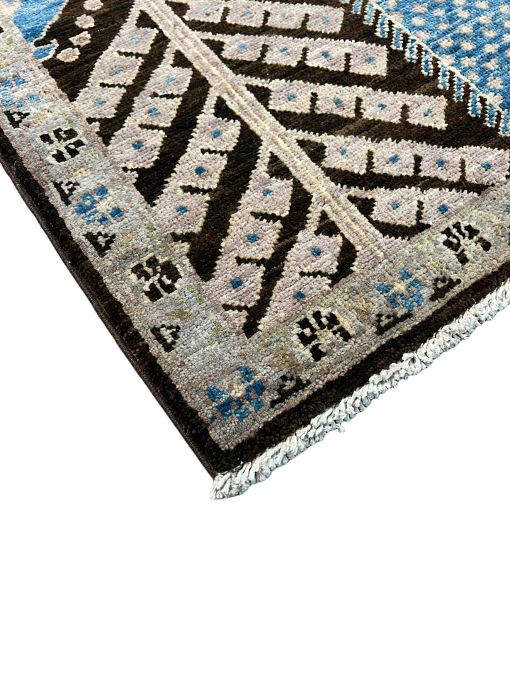 Midnight Orchard - Dark Chocolate Brown, Ivory &amp; Sky Blue Botanical Design Rug  – 6’0” x 9’0”