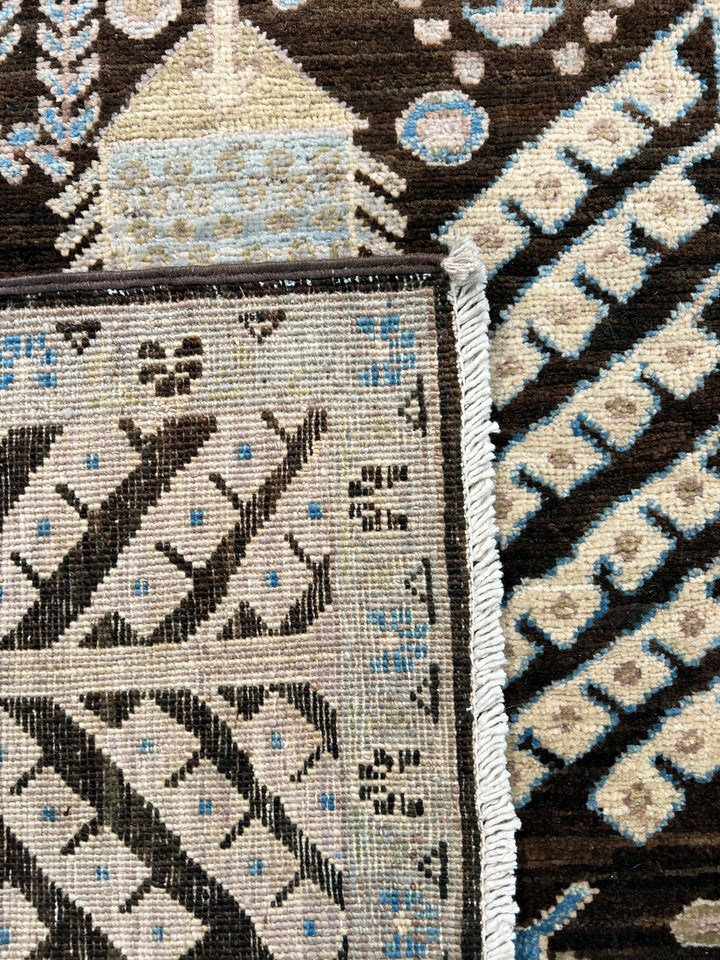 Midnight Orchard - Dark Chocolate Brown, Ivory &amp; Sky Blue Botanical Design Rug  – 6’0” x 9’0”