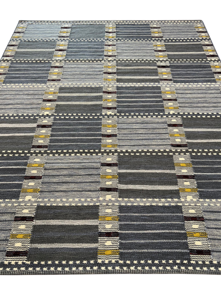 Nordic Mosaic - Denim Blue &amp; Grey Geometric Flatweave Rug – 8’1” x 10’0”