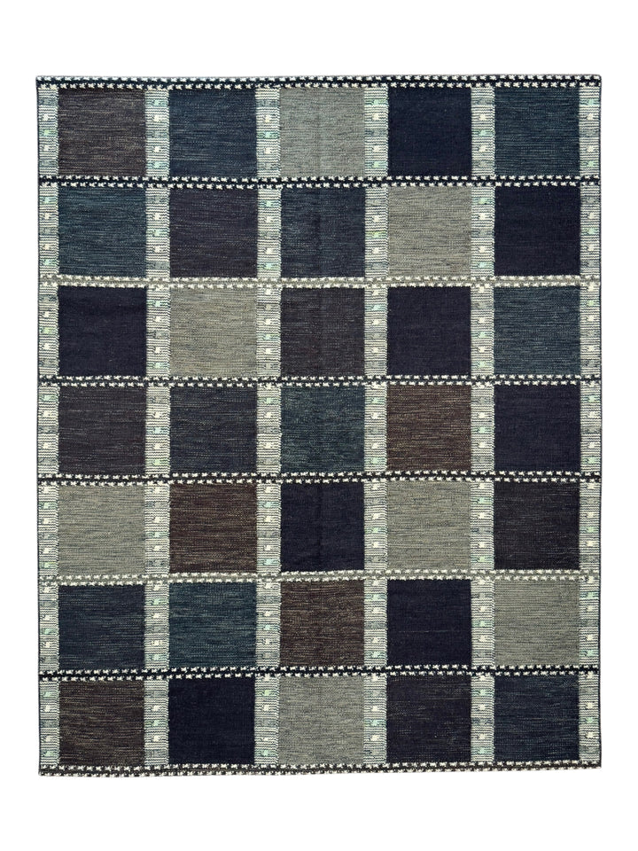 Midnight Tartan - Navy Blue &amp; Charcoal Geometric Flatweave Rug – 8’3” x 10’2”