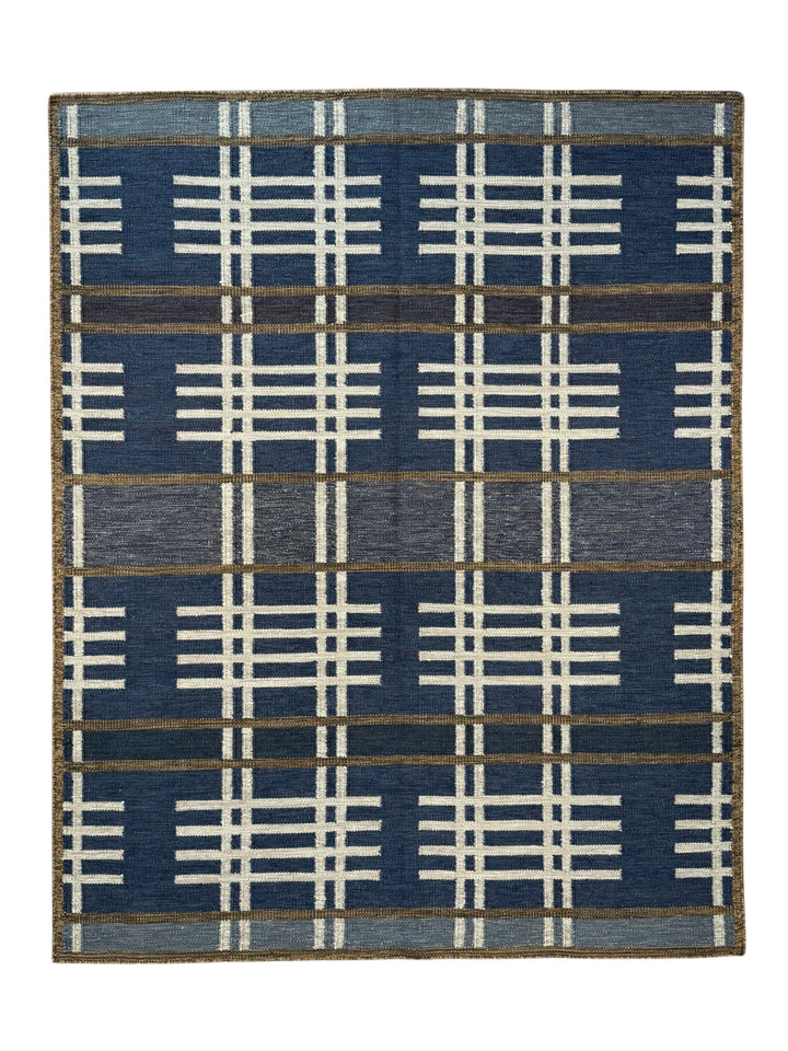 Indigo Rhythm - Indigo Blue &amp; Ivory Geometric Flatweave Rug – 8’1” x 10’2”