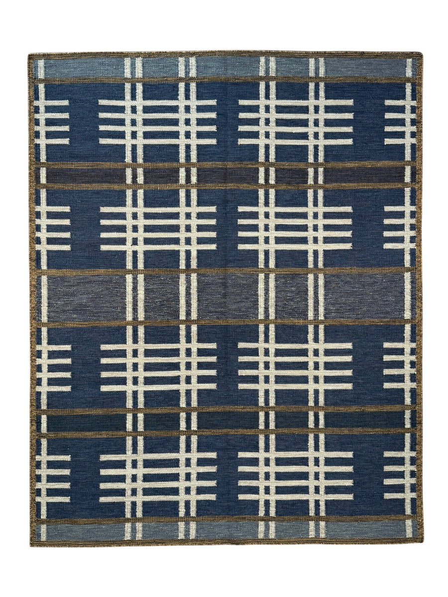 Indigo Rhythm - Indigo Blue & Ivory Geometric Flatweave Rug – 8’1” x 10’2”