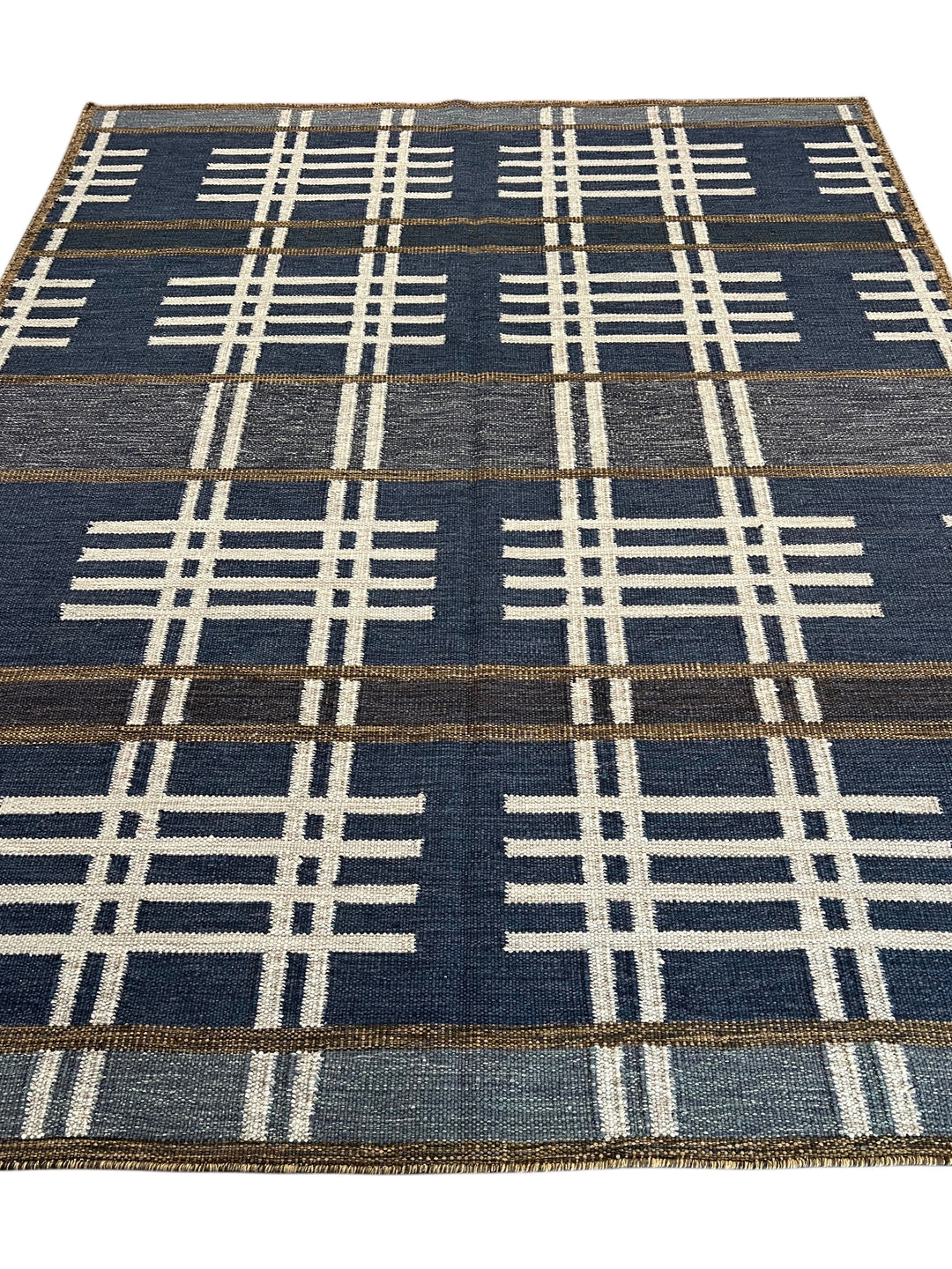 Indigo Rhythm - Indigo Blue &amp; Ivory Geometric Flatweave Rug – 8’1” x 10’2”