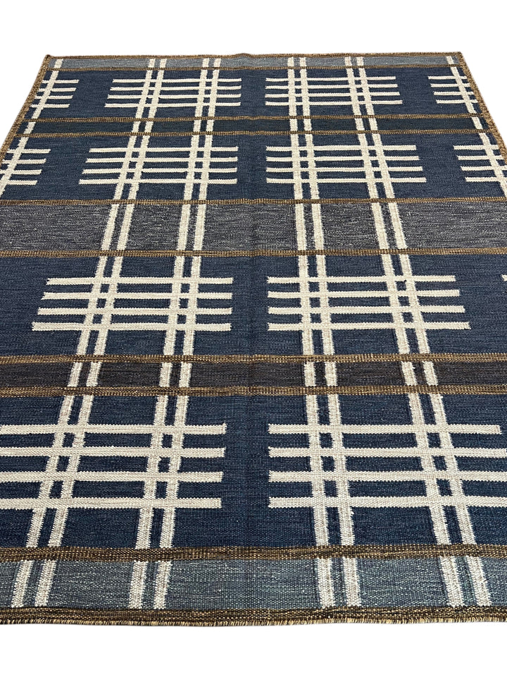 Indigo Rhythm - Indigo Blue &amp; Ivory Geometric Flatweave Rug – 8’1” x 10’2”