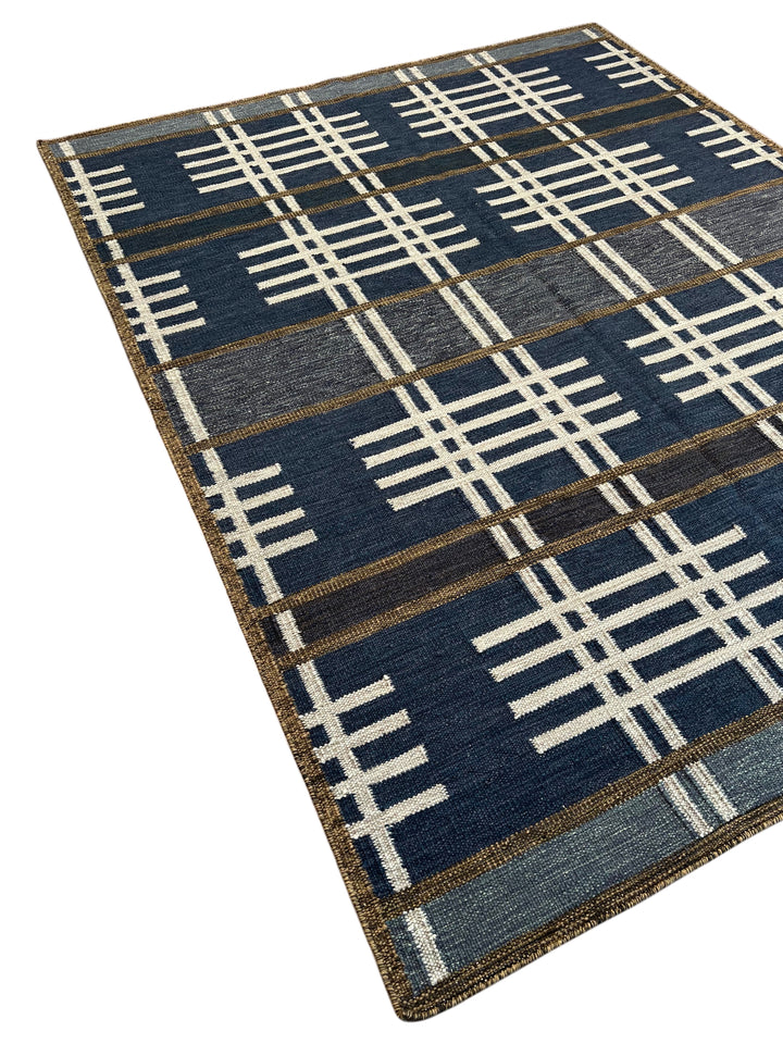 Indigo Rhythm - Indigo Blue &amp; Ivory Geometric Flatweave Rug – 8’1” x 10’2”