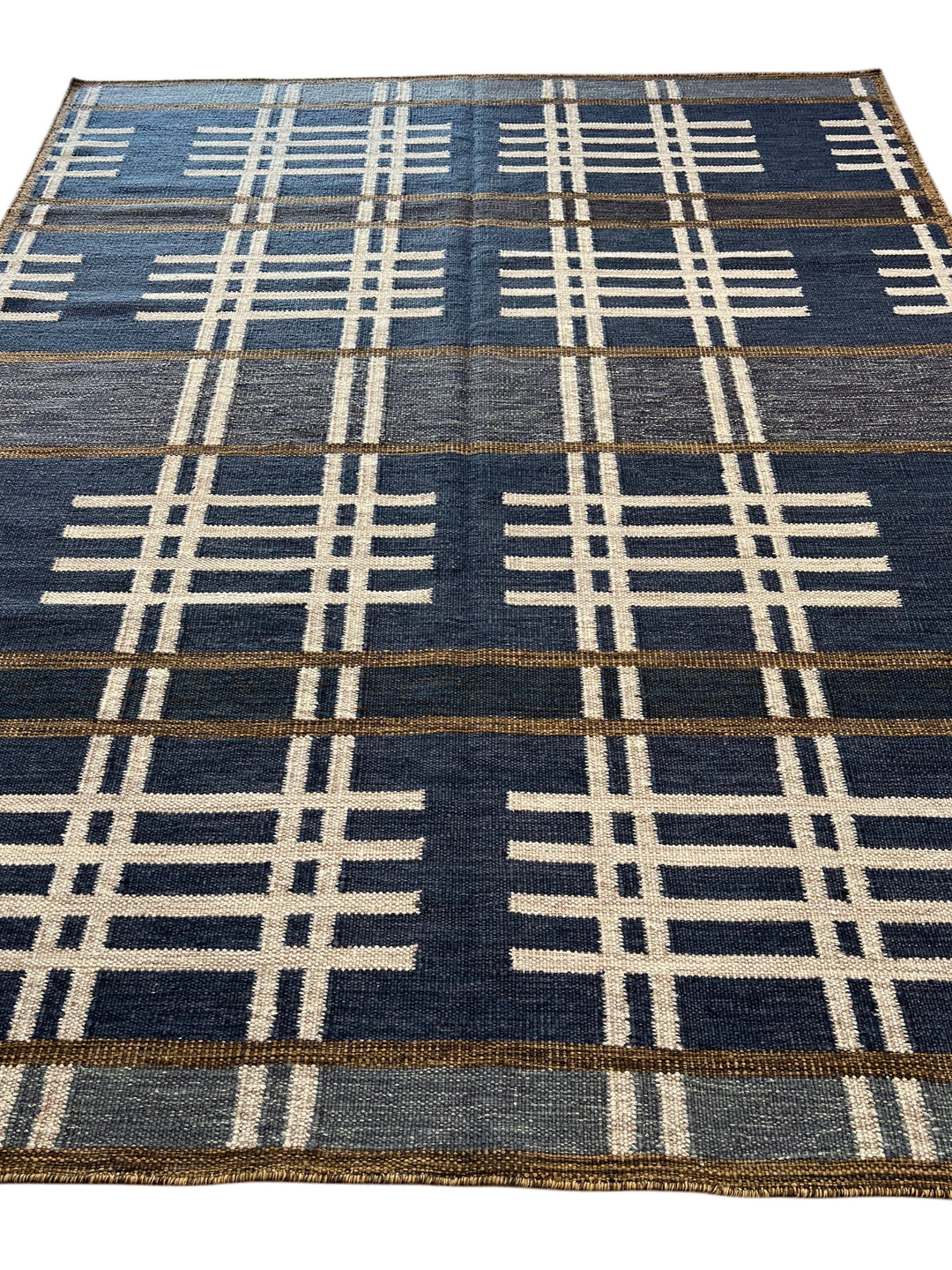 Indigo Rhythm - Indigo Blue &amp; Ivory Geometric Flatweave Rug – 8’1” x 10’2”