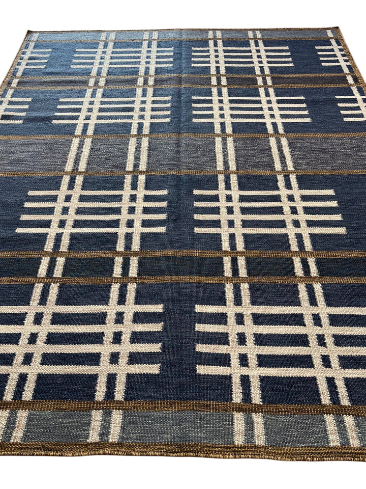 Indigo Rhythm - Indigo Blue &amp; Ivory Geometric Flatweave Rug – 8’1” x 10’2”