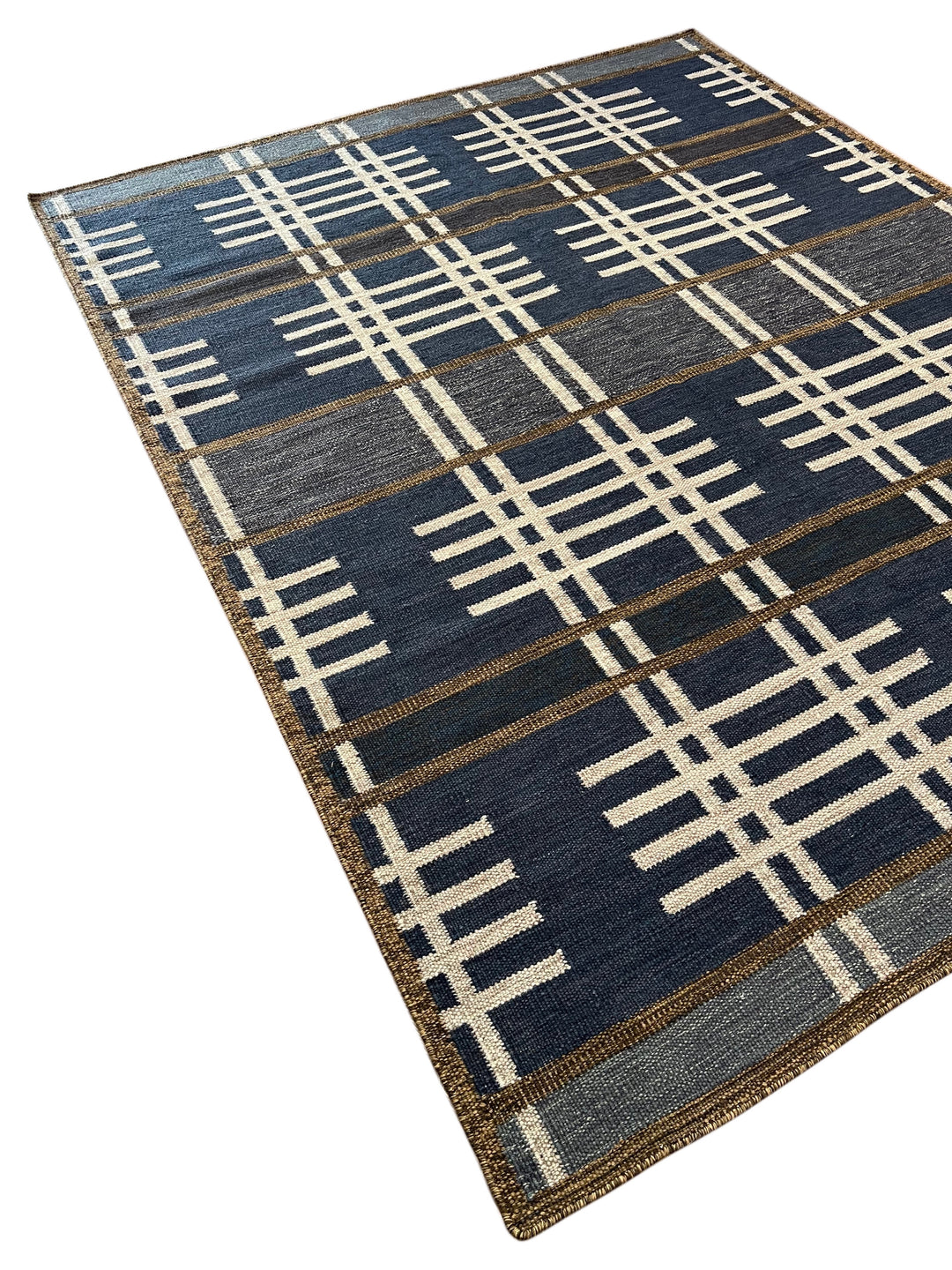 Indigo Rhythm - Indigo Blue &amp; Ivory Geometric Flatweave Rug – 8’1” x 10’2”