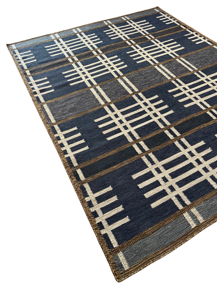 Indigo Rhythm - Indigo Blue &amp; Ivory Geometric Flatweave Rug – 8’1” x 10’2”