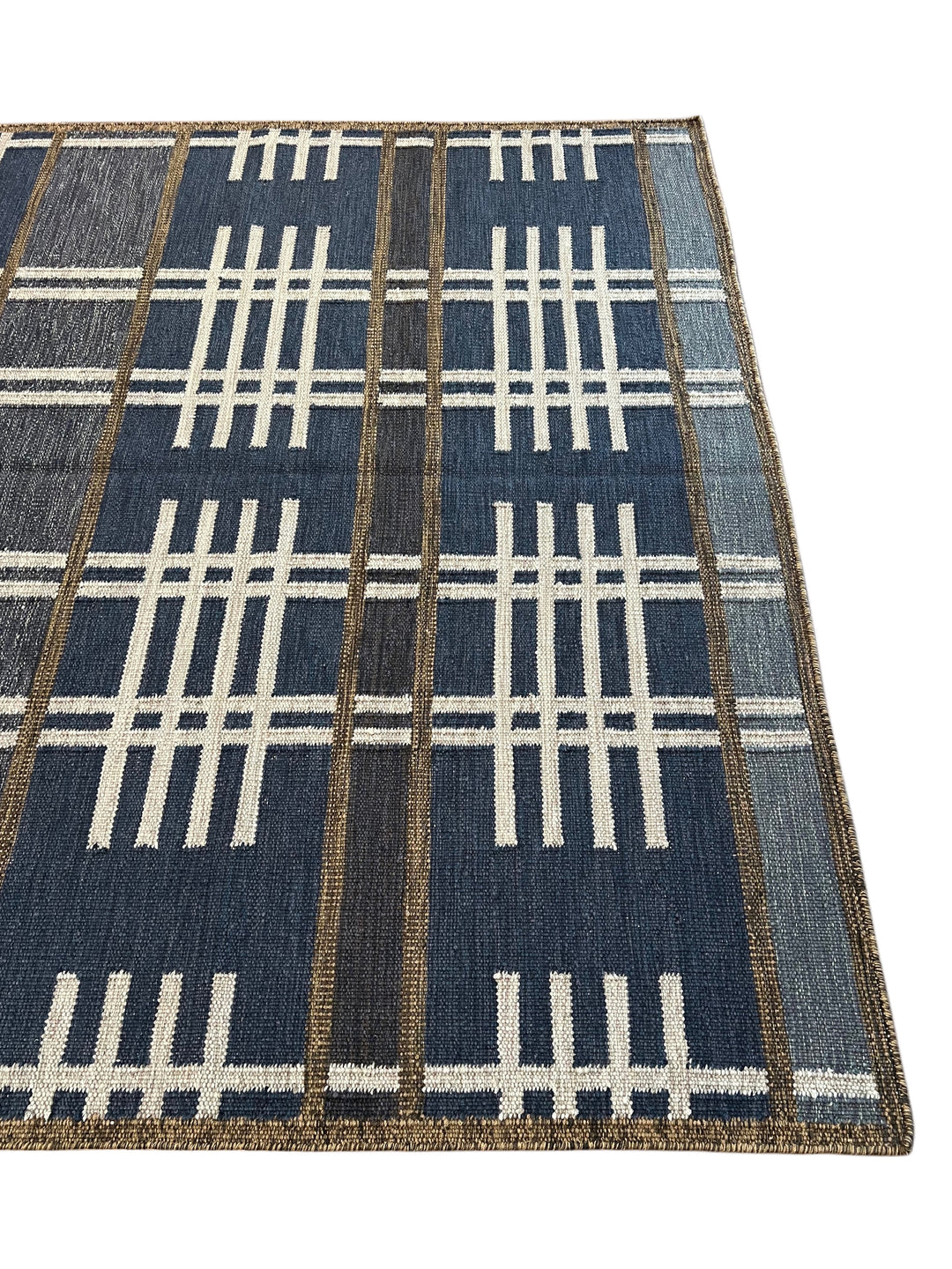 Indigo Rhythm - Indigo Blue &amp; Ivory Geometric Flatweave Rug – 8’1” x 10’2”