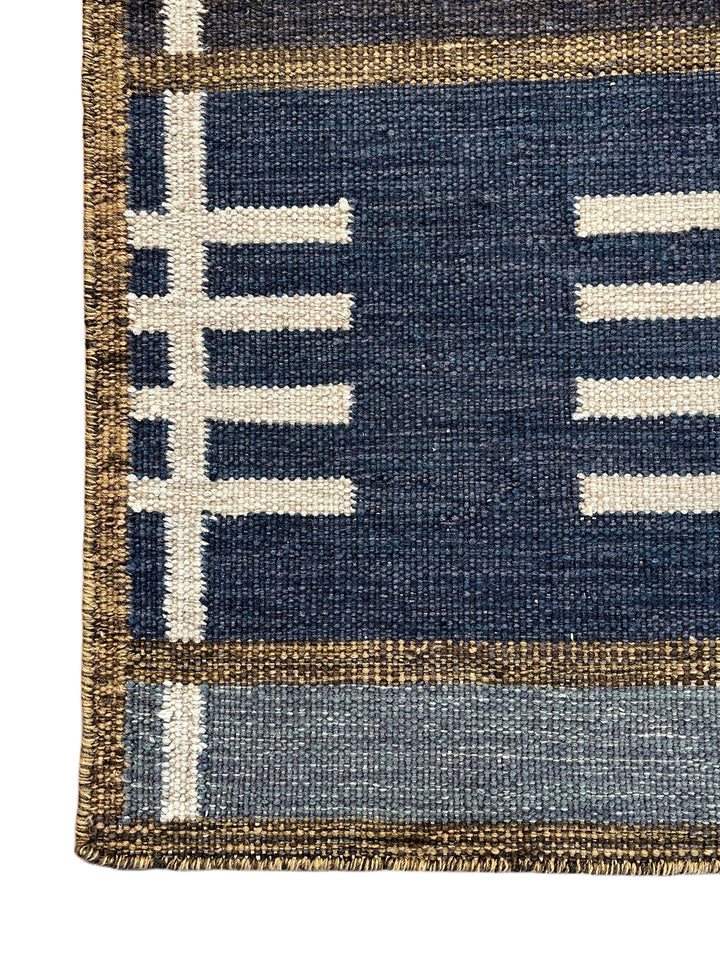 Indigo Rhythm - Indigo Blue &amp; Ivory Geometric Flatweave Rug – 8’1” x 10’2”