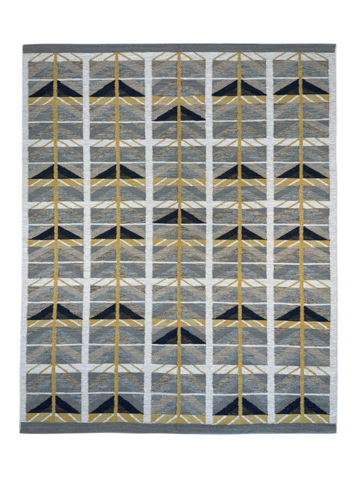 Golden Arrows - Slate Blue, Mustard &amp; Ivory Geometric Flatweave Rug – 8’0” x 10’0”