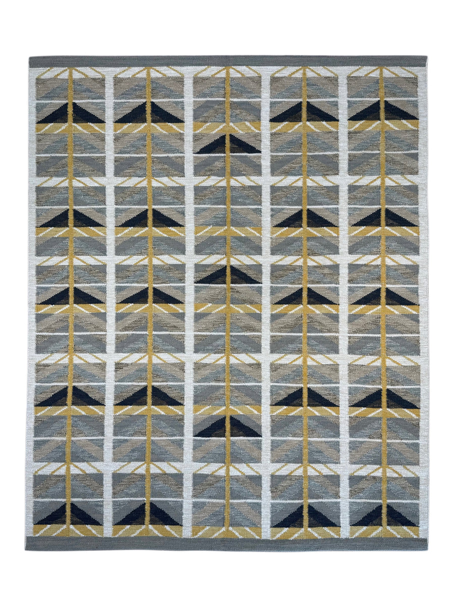 Golden Arrows - Slate Blue, Mustard & Ivory Geometric Flatweave Rug – 8’0” x 10’0”